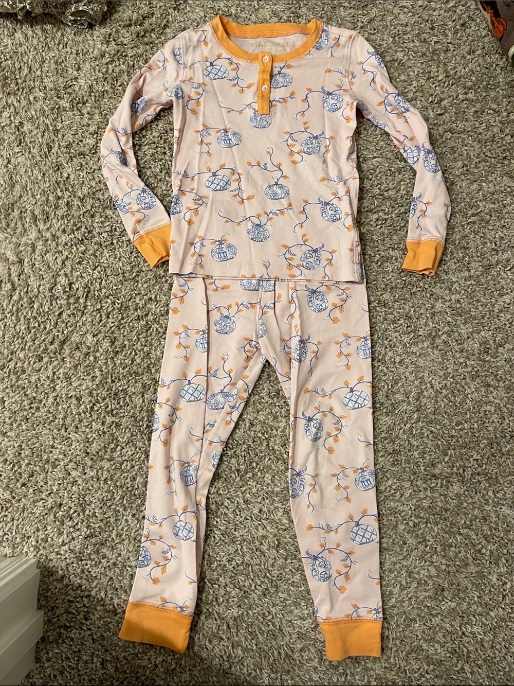 Kids Long Sleeve Pajama Set in Peach with Blue Pumpkin Print